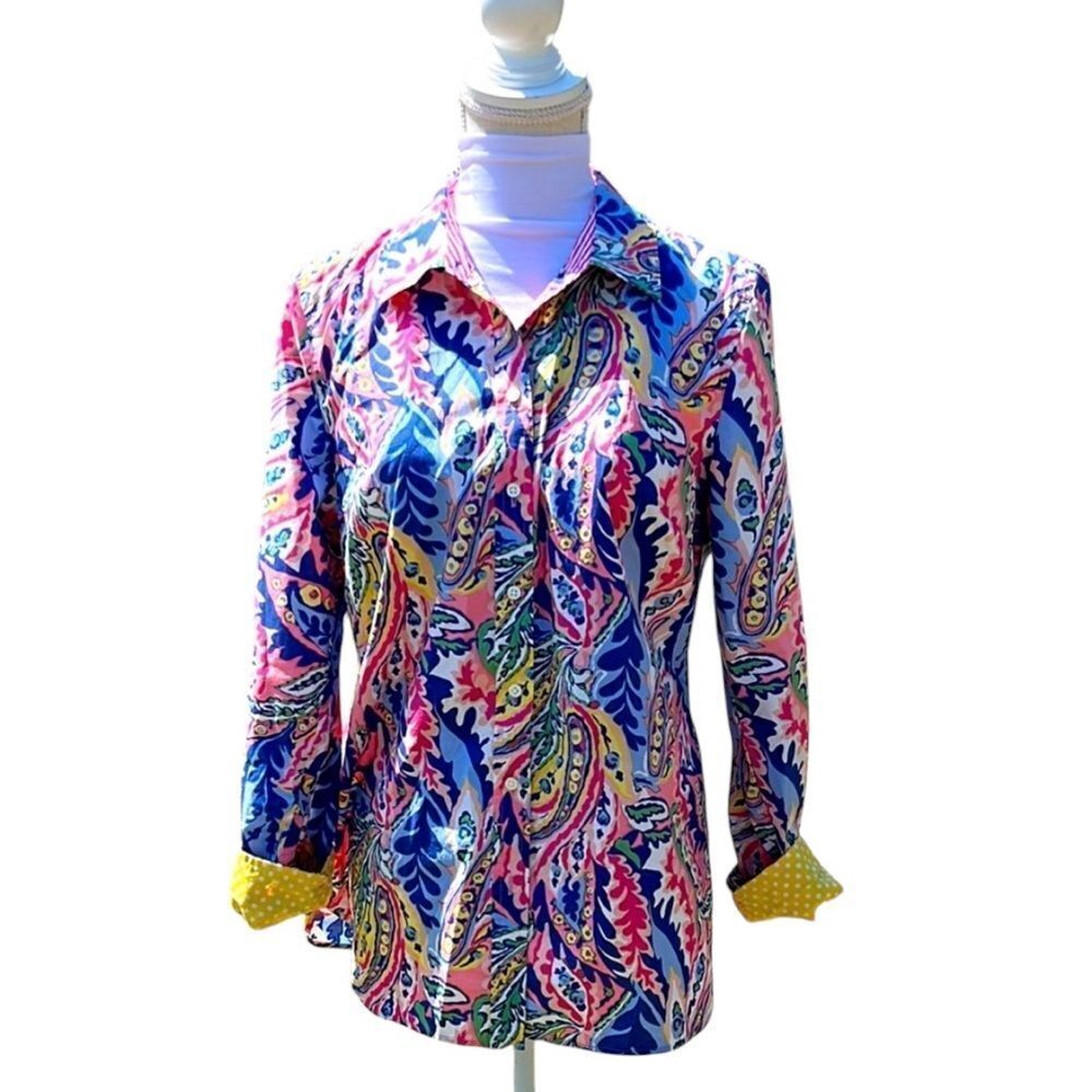 Talbots Black Label 100 Cotton Paisley Floral Polka Dot Cuff Stripe Collar Sz M